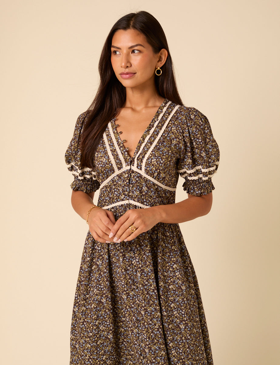 Brown Ditsy Floral Saffy Midi Dress