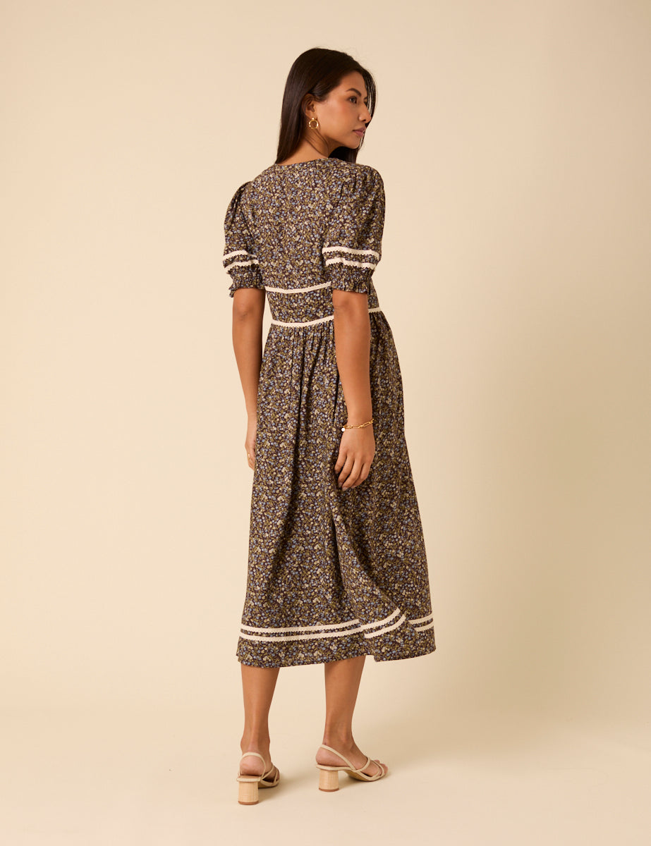 Brown Ditsy Floral Saffy Midi Dress