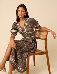 Brown Ditsy Floral Saffy Midi Dress