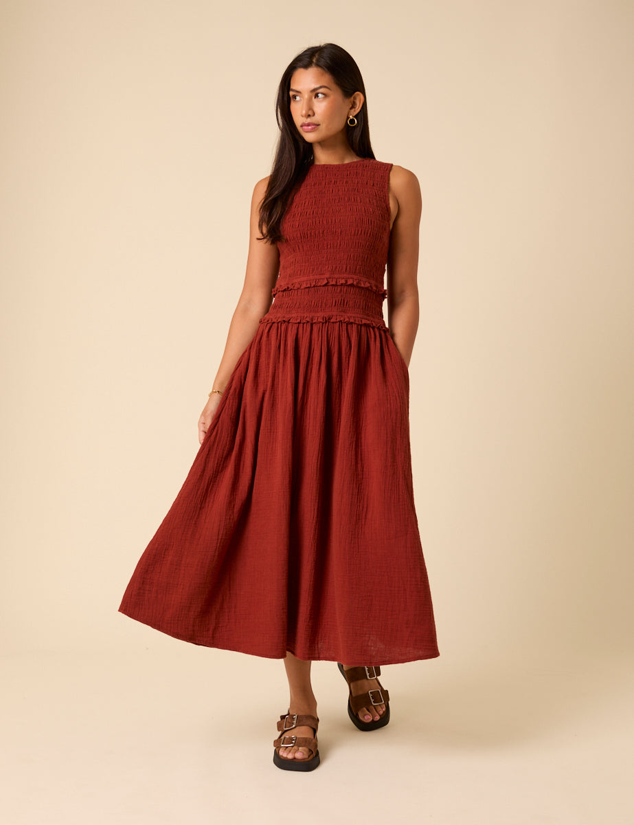 Red Shirred Bodice Ingrid Midi Dress