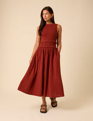 Red Shirred Bodice Ingrid Midi Dress