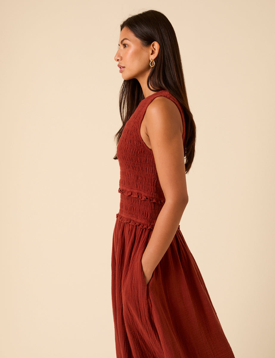 Red Shirred Bodice Ingrid Midi Dress