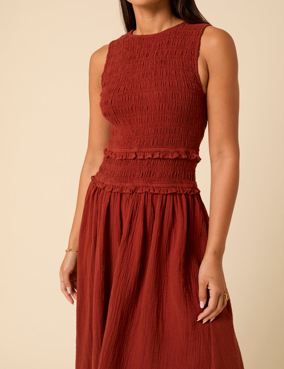 Red Shirred Bodice Ingrid Midi Dress