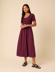 Burgundy Shirred Short Sleeve Zita Midi Dress