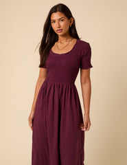 Burgundy Shirred Short Sleeve Zita Midi Dress