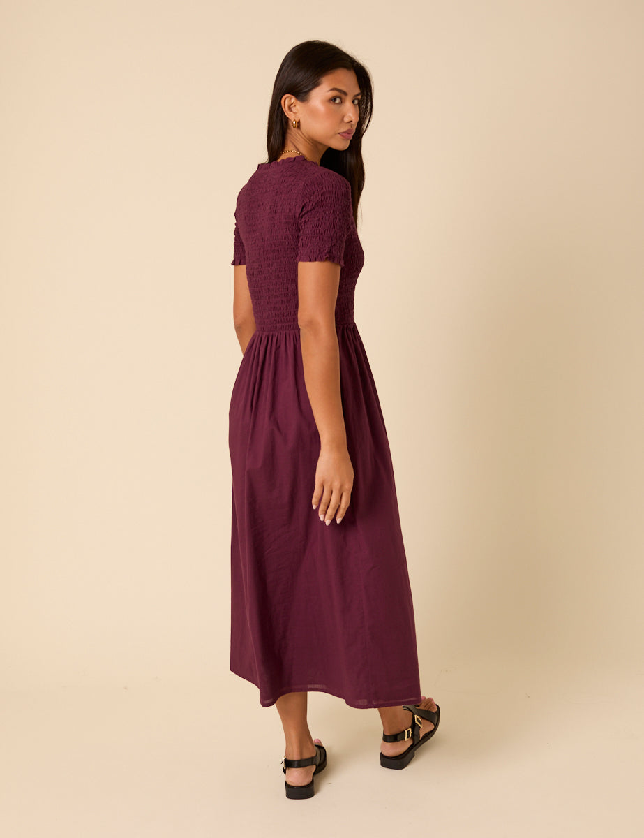 Burgundy Shirred Short Sleeve Zita Midi Dress