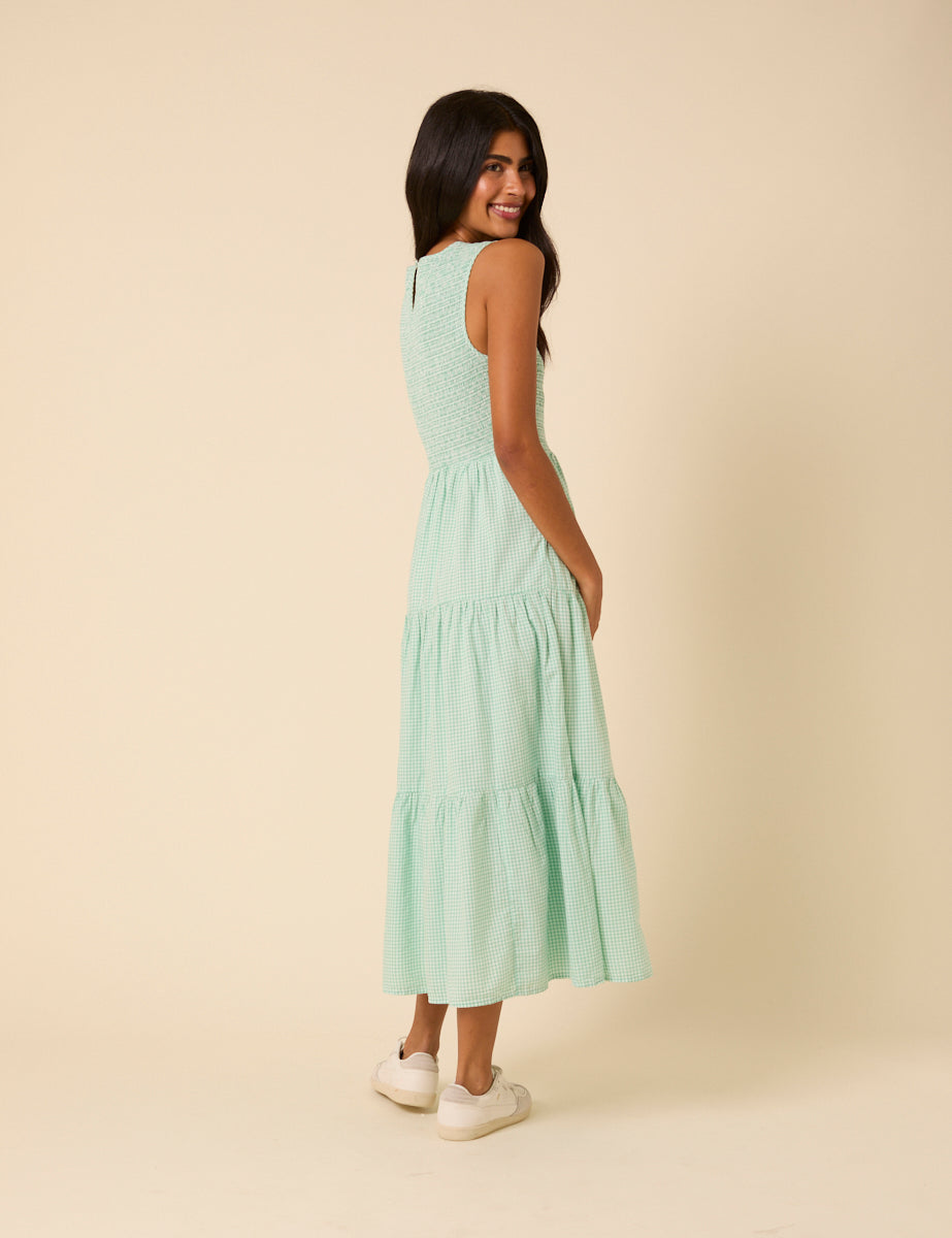 Mint Green Gingham Sleeveless Tiered Charlie Midi Dress