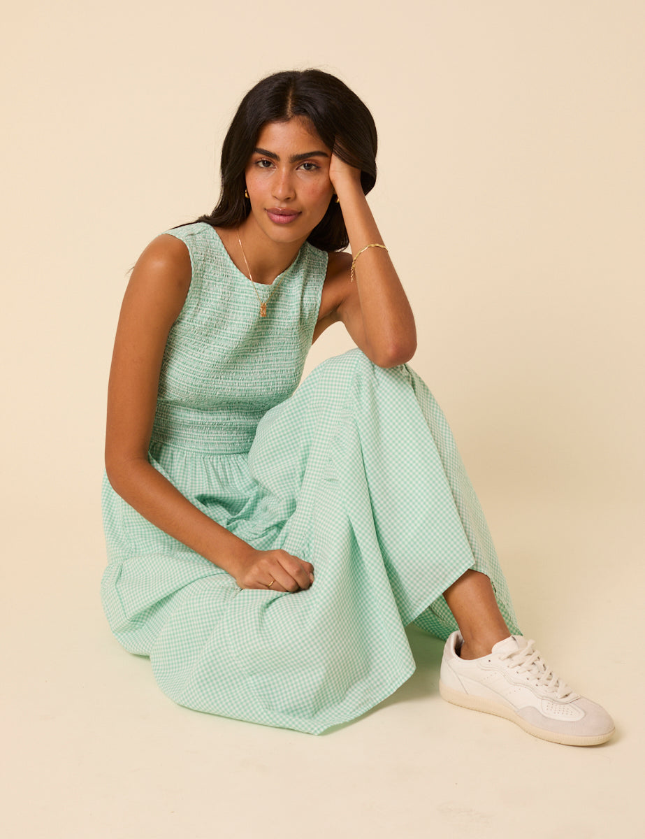 Mint Green Gingham Sleeveless Tiered Charlie Midi Dress