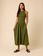 Green Shirred Bodice Ingrid Midi Dress