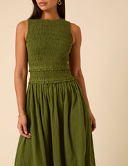 Green Shirred Bodice Ingrid Midi Dress
