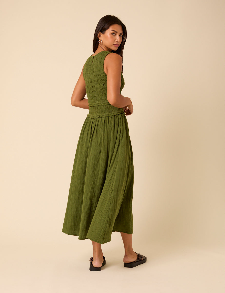 Green Shirred Bodice Ingrid Midi Dress