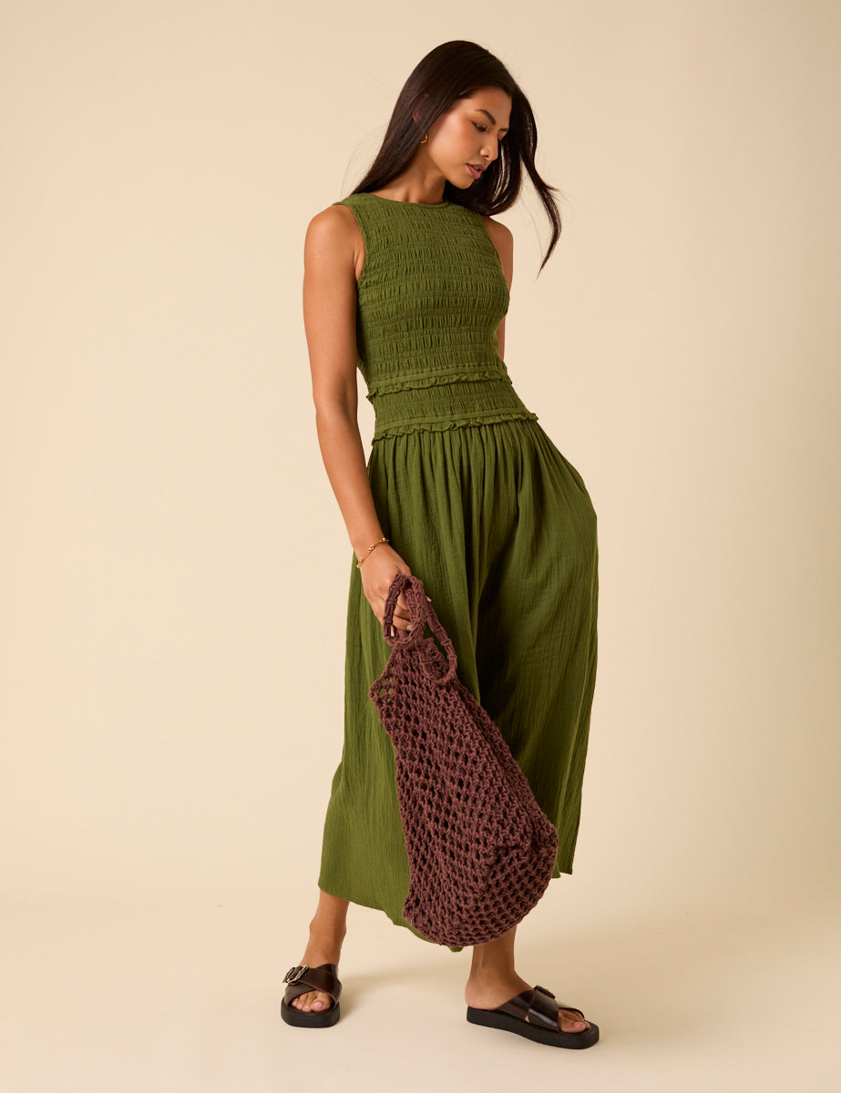 Green Shirred Bodice Ingrid Midi Dress