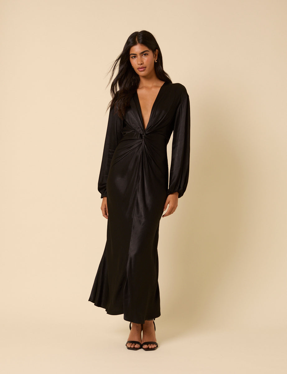 Black Balloon Sleeve Adina Midi Dress