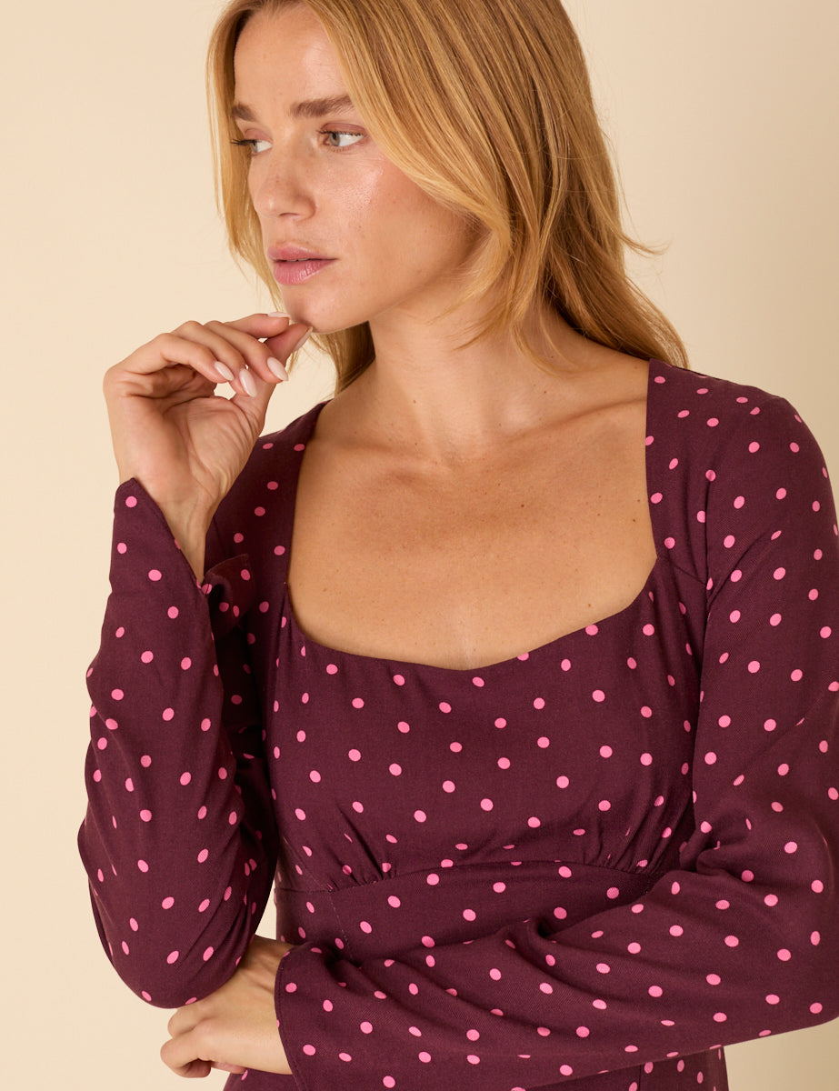 Burgundy Polka Dot Delilah Midi Dress
