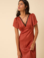 Burnt Rust Satin Lace Trim Sienna Midaxi Dress