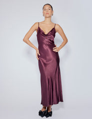 Purple Satin Cowl Neck Trixie Midi Dress
