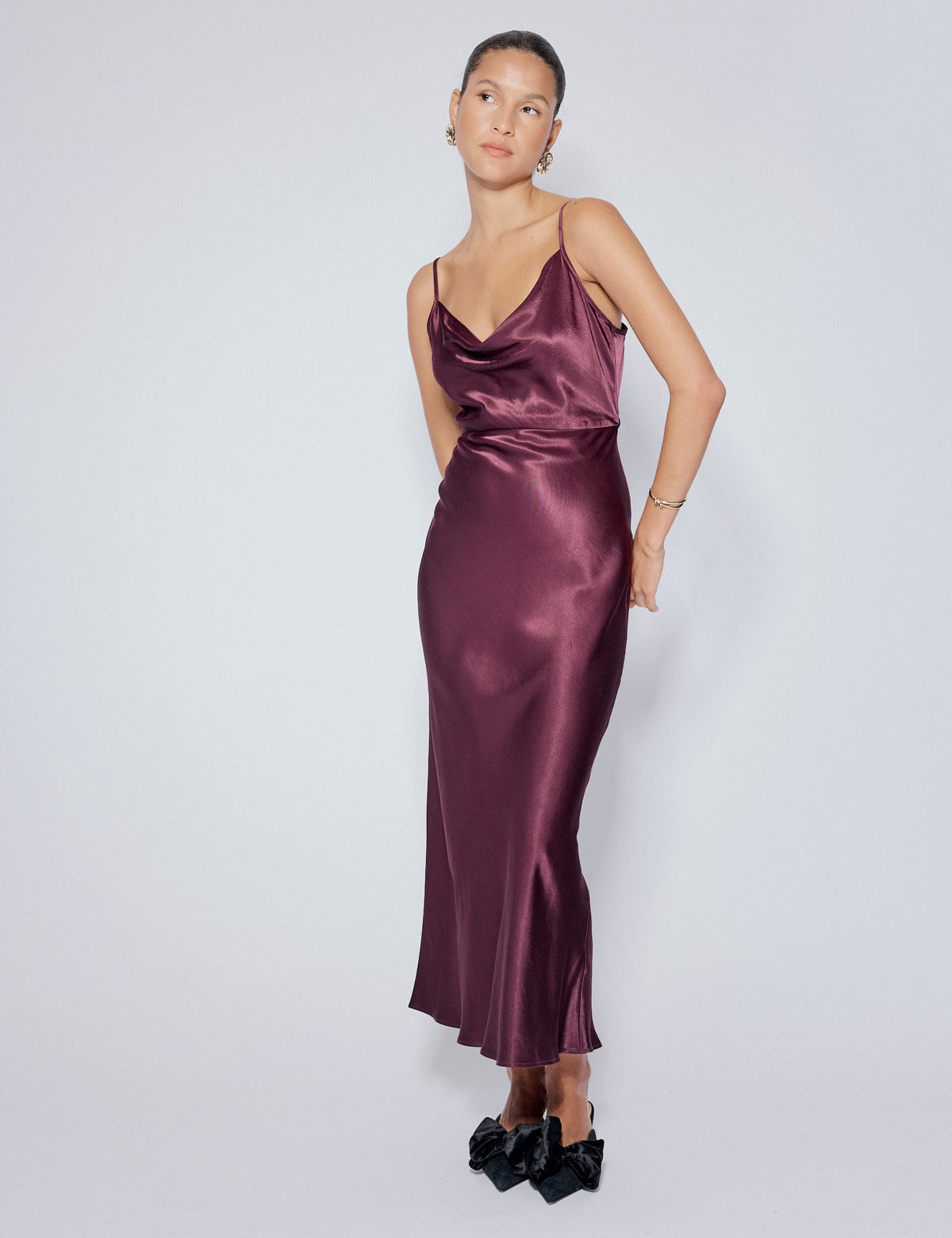 Purple Satin Cowl Neck Trixie Midi Dress