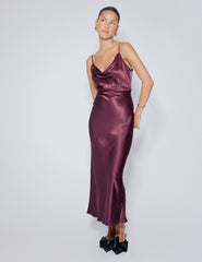 Purple Satin Cowl Neck Trixie Midi Dress