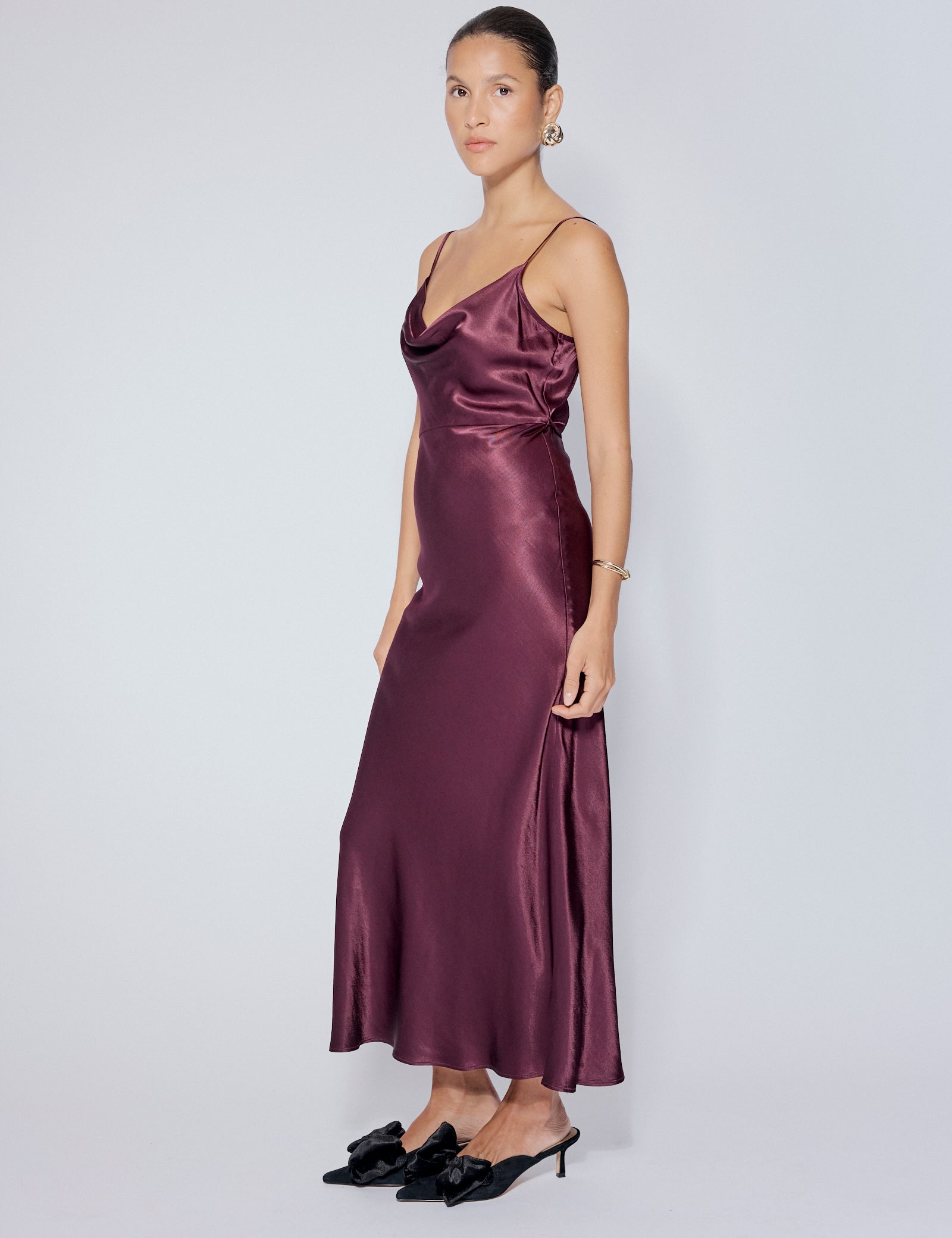 Purple Satin Cowl Neck Trixie Midi Dress