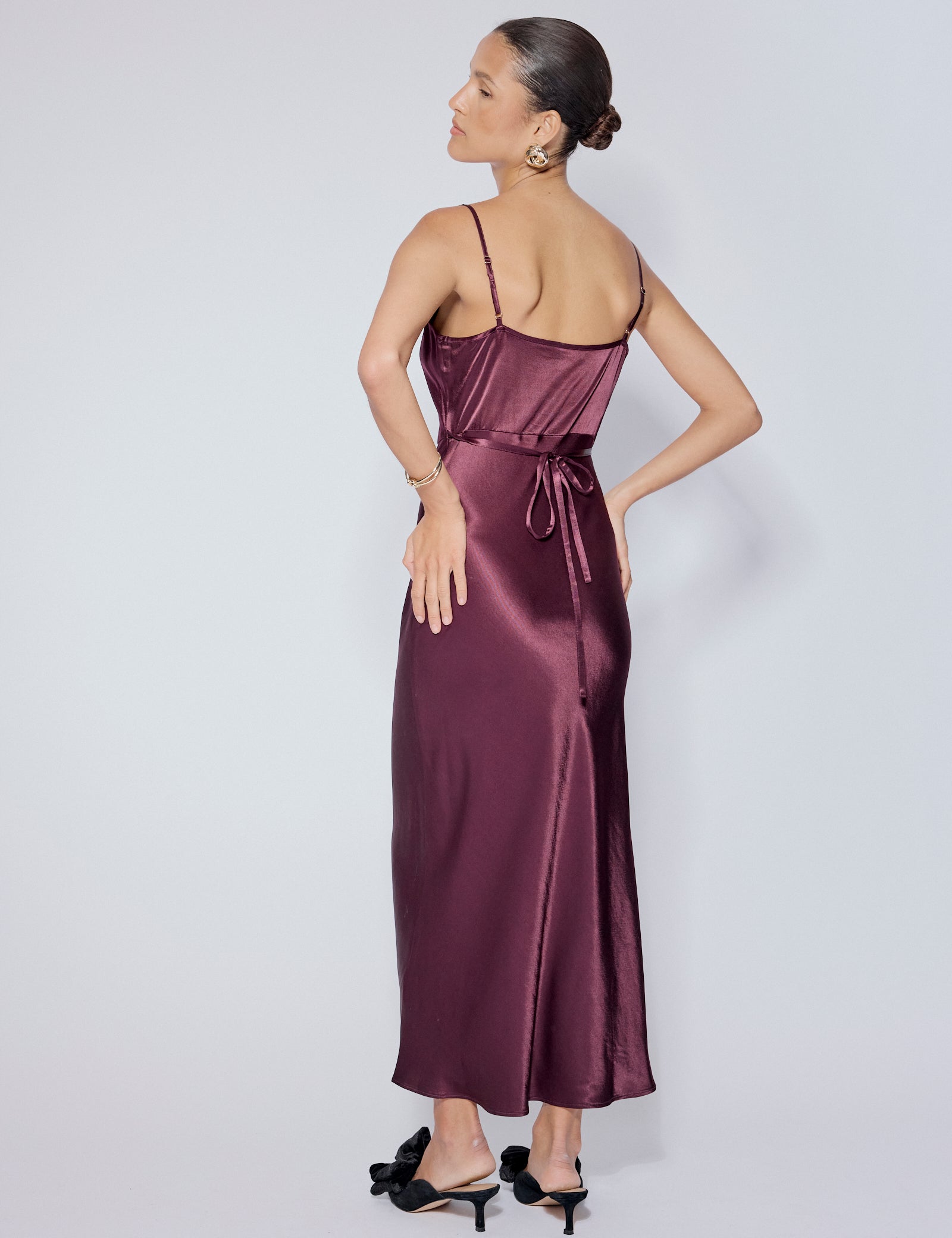 Purple Satin Cowl Neck Trixie Midi Dress
