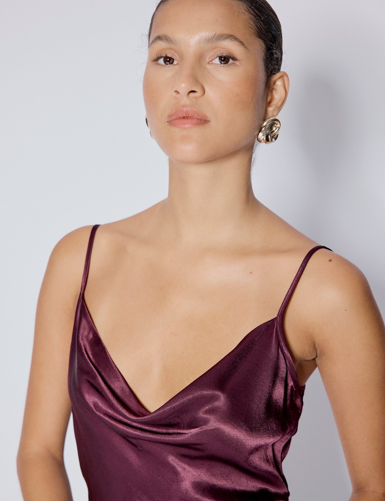 Purple Satin Cowl Neck Trixie Midi Dress