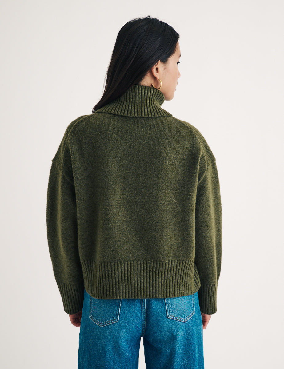 Khaki Green Knitted Roll Neck Jumper