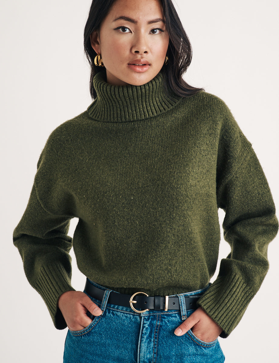 Khaki Green Knitted Roll Neck Jumper