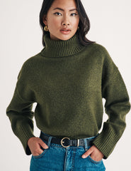 Khaki Green Knitted Roll Neck Jumper