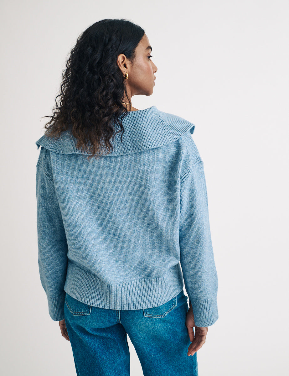 Blue V-neck Collared Knitted Jumper