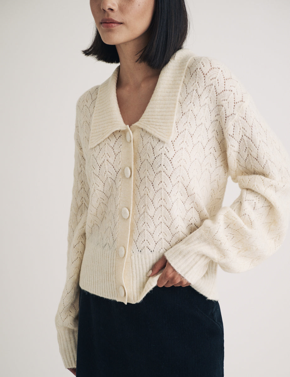 Cream Collar Pointelle Wool Blend Knitted Cardigan