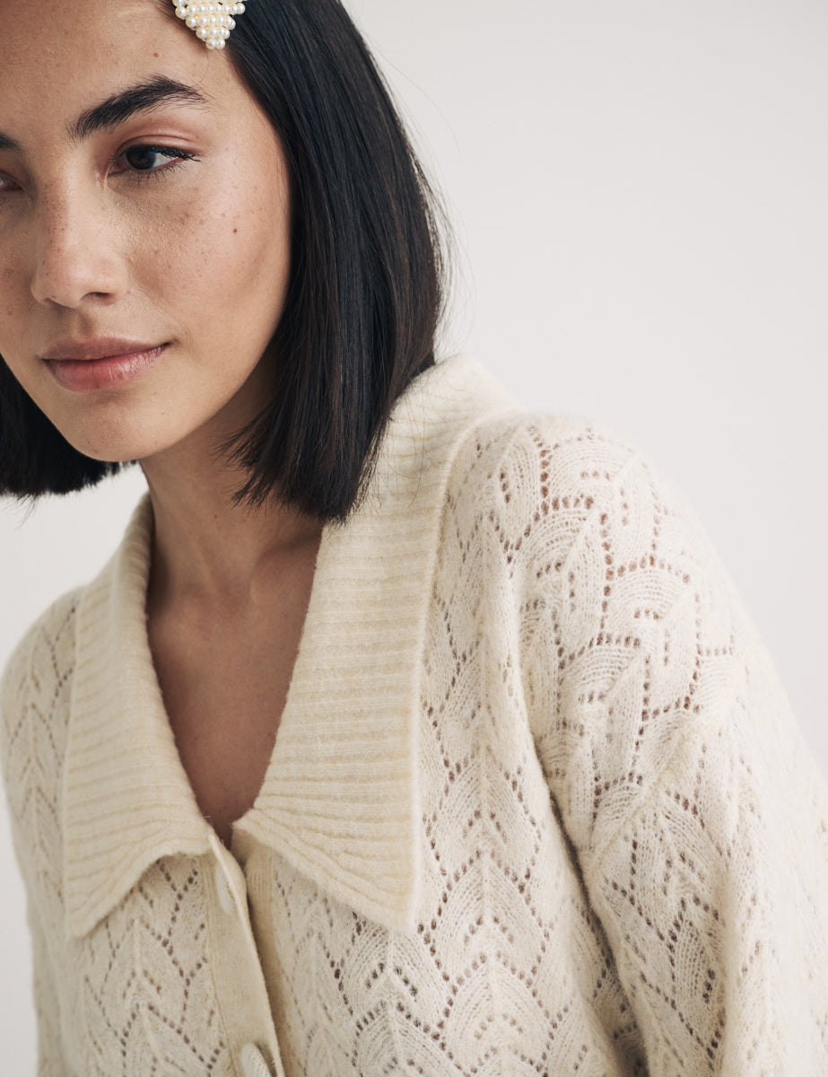 Cream Collar Pointelle Wool Blend Knitted Cardigan