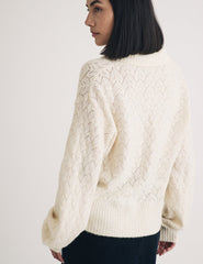 Cream Collar Pointelle Wool Blend Knitted Cardigan