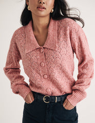 Pink Collar Pointelle Wool Blend Knitted Cardigan