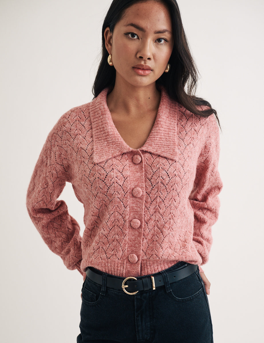 Pink Collar Pointelle Wool Blend Knitted Cardigan