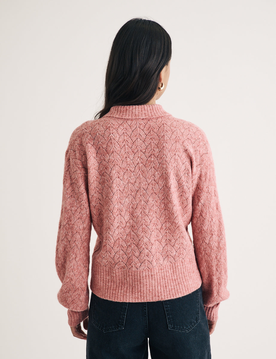 Pink Collar Pointelle Wool Blend Knitted Cardigan