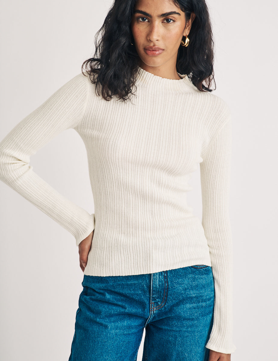 Cream Funnel Neck Wool Blend Ribbed Top