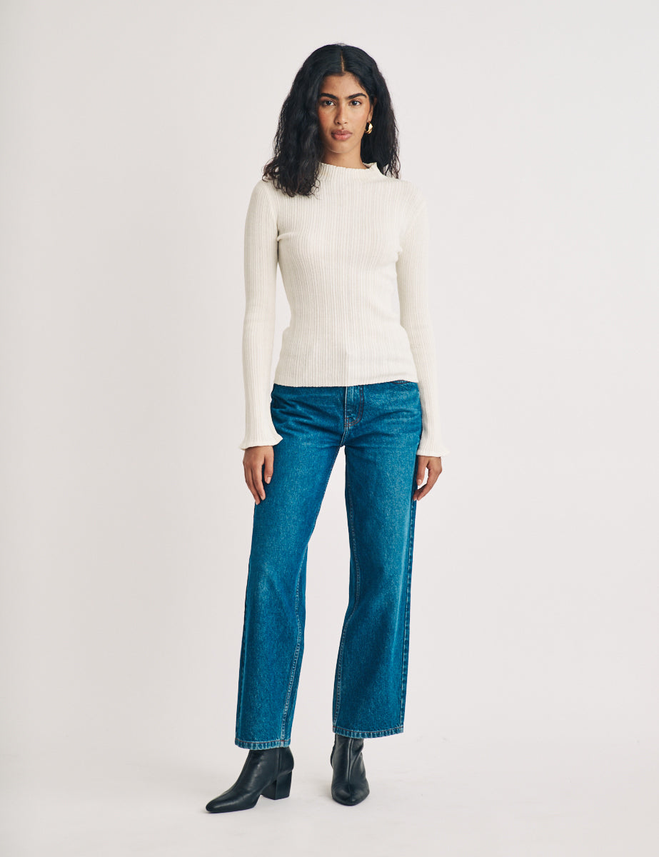 Cream Funnel Neck Wool Blend Ribbed Top