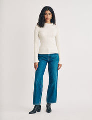Cream Funnel Neck Wool Blend Ribbed Top