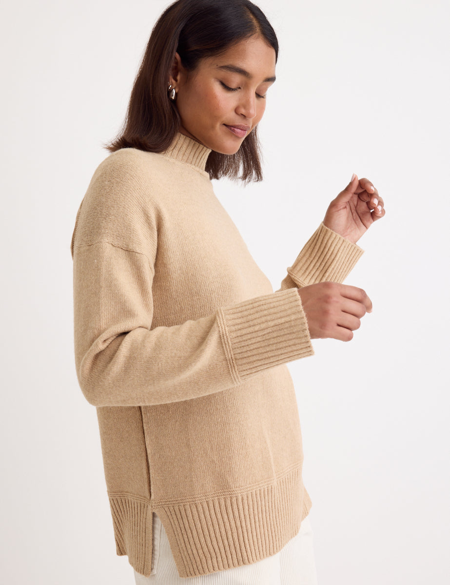 Beige Funnel Neck Longline Knitted Jumper
