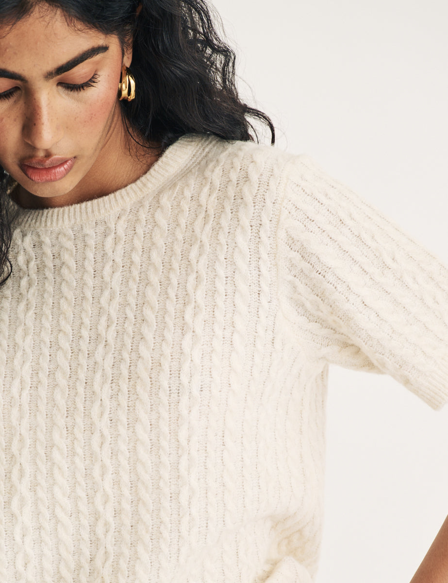 Cream Cable Wool Blend Knitted T-Shirt