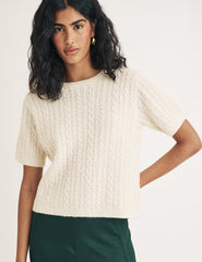 Cream Cable Wool Blend Knitted T-Shirt