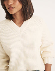 Cream V-neck Wool Blend Knitted Jumper