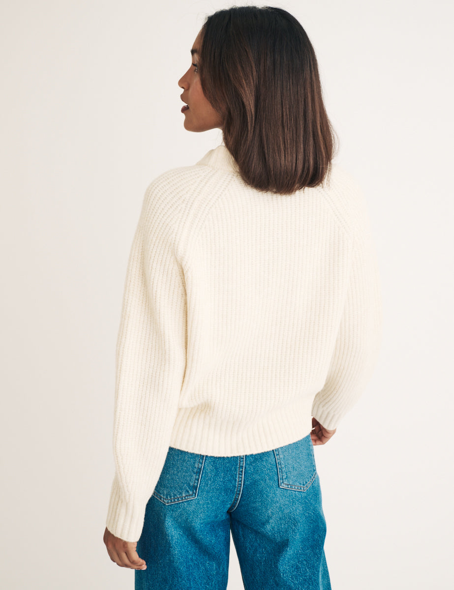 Cream V-neck Wool Blend Knitted Jumper