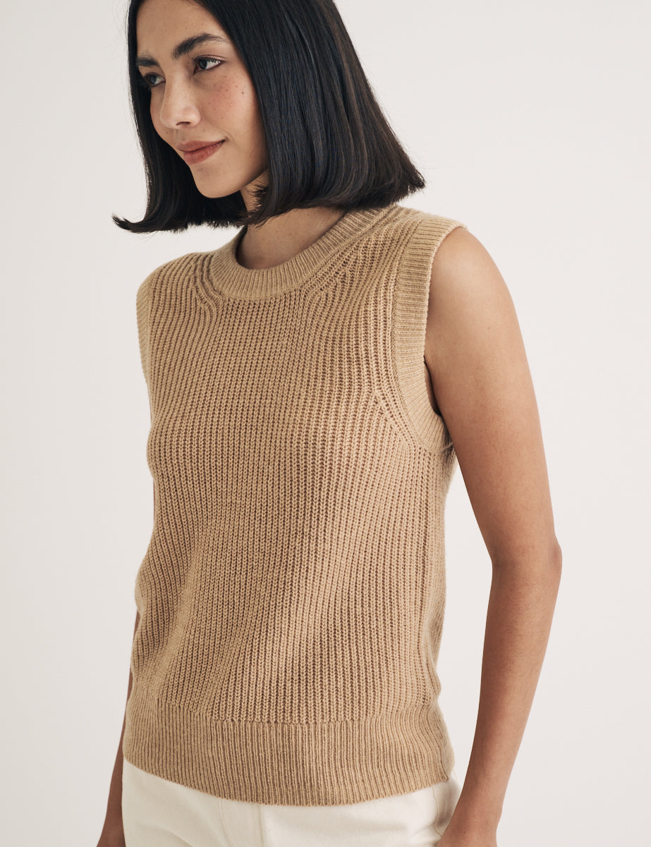 Beige Crew Neck Ribbed Vest