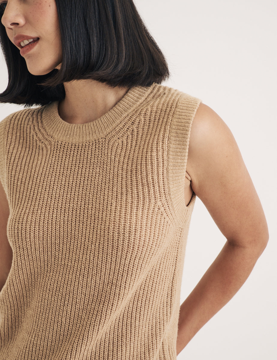 Beige Crew Neck Ribbed Vest