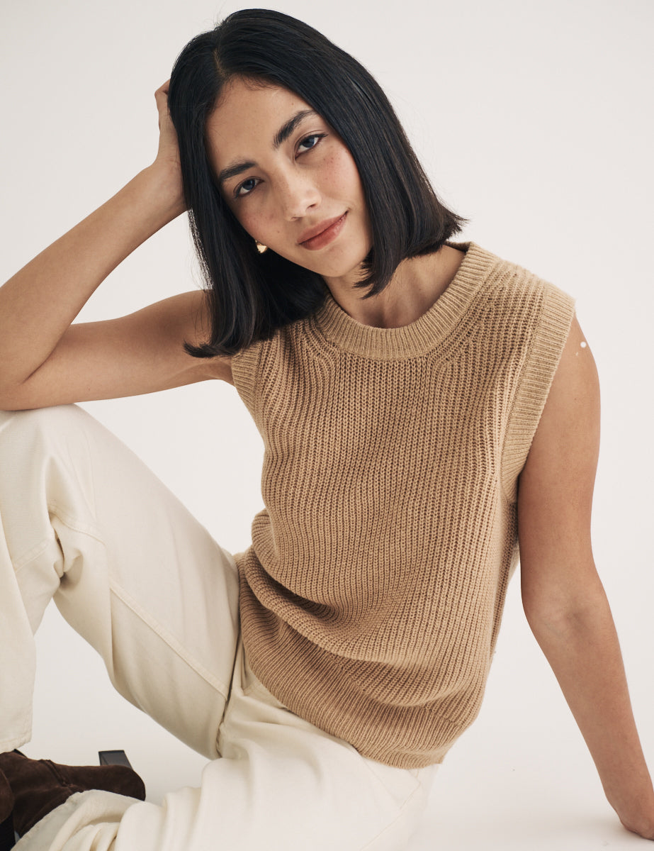 Beige Crew Neck Ribbed Vest