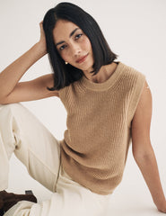 Beige Crew Neck Ribbed Vest