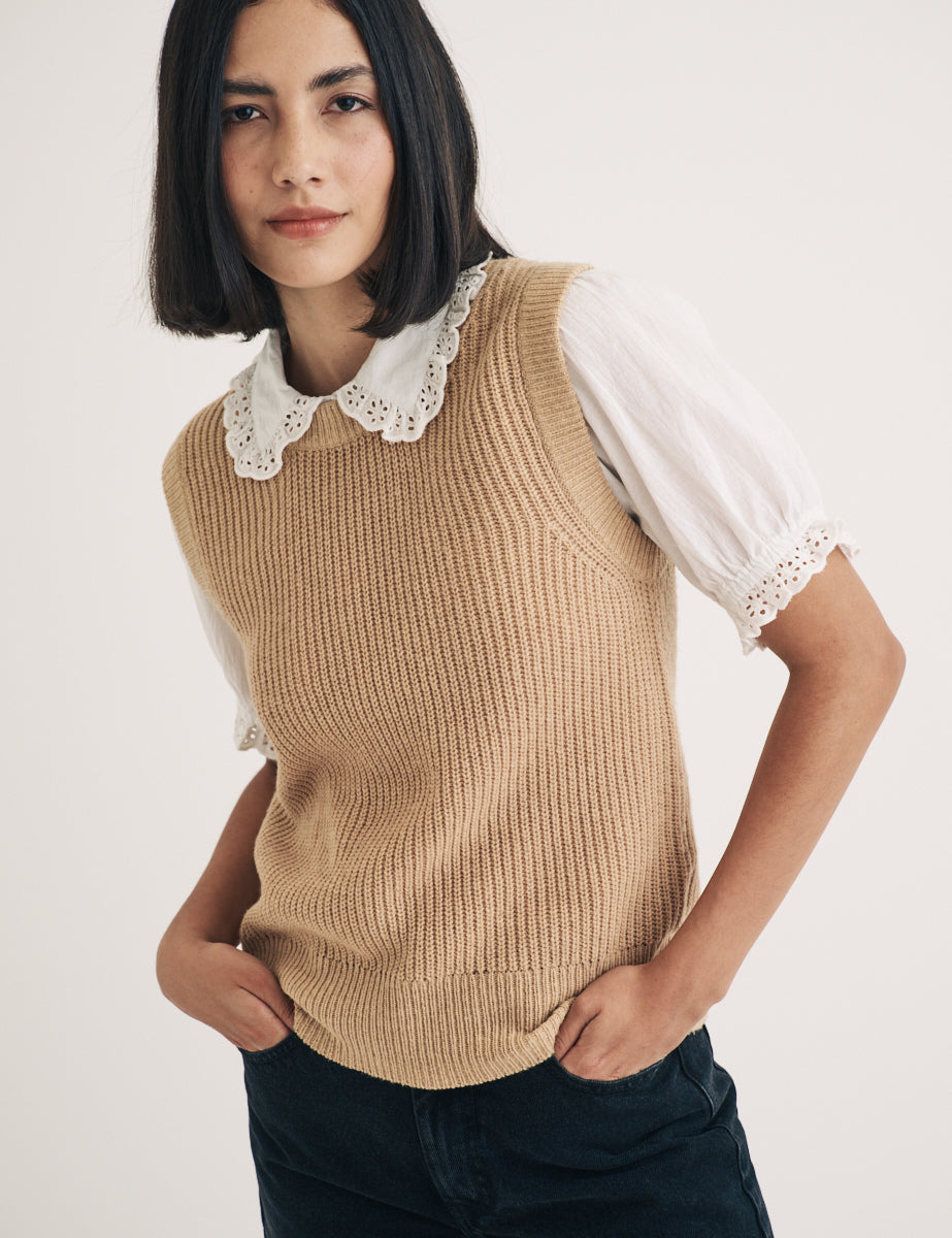 Beige Crew Neck Ribbed Vest