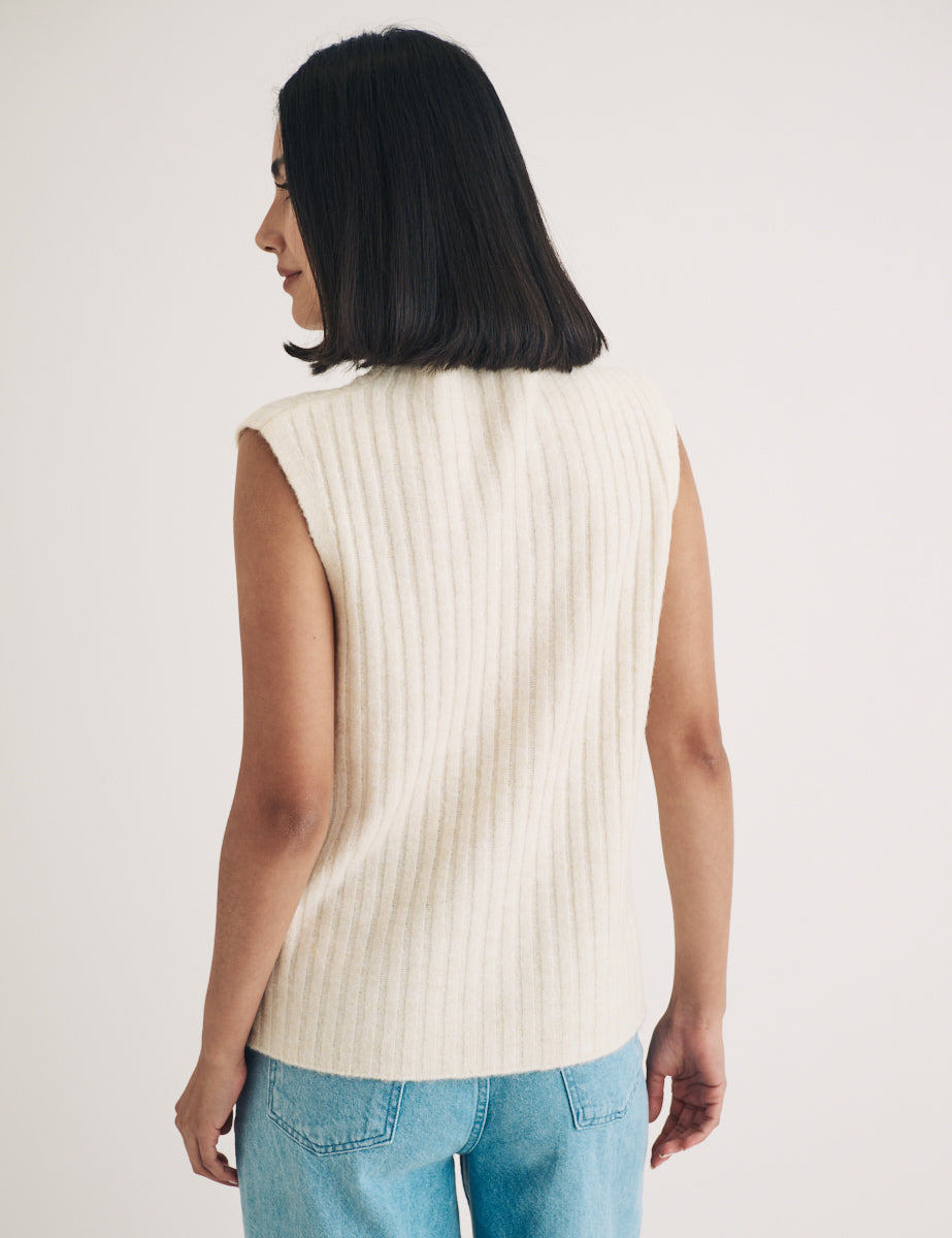 Cream Funnel Neck Rib Wool Blend Knitted Vest