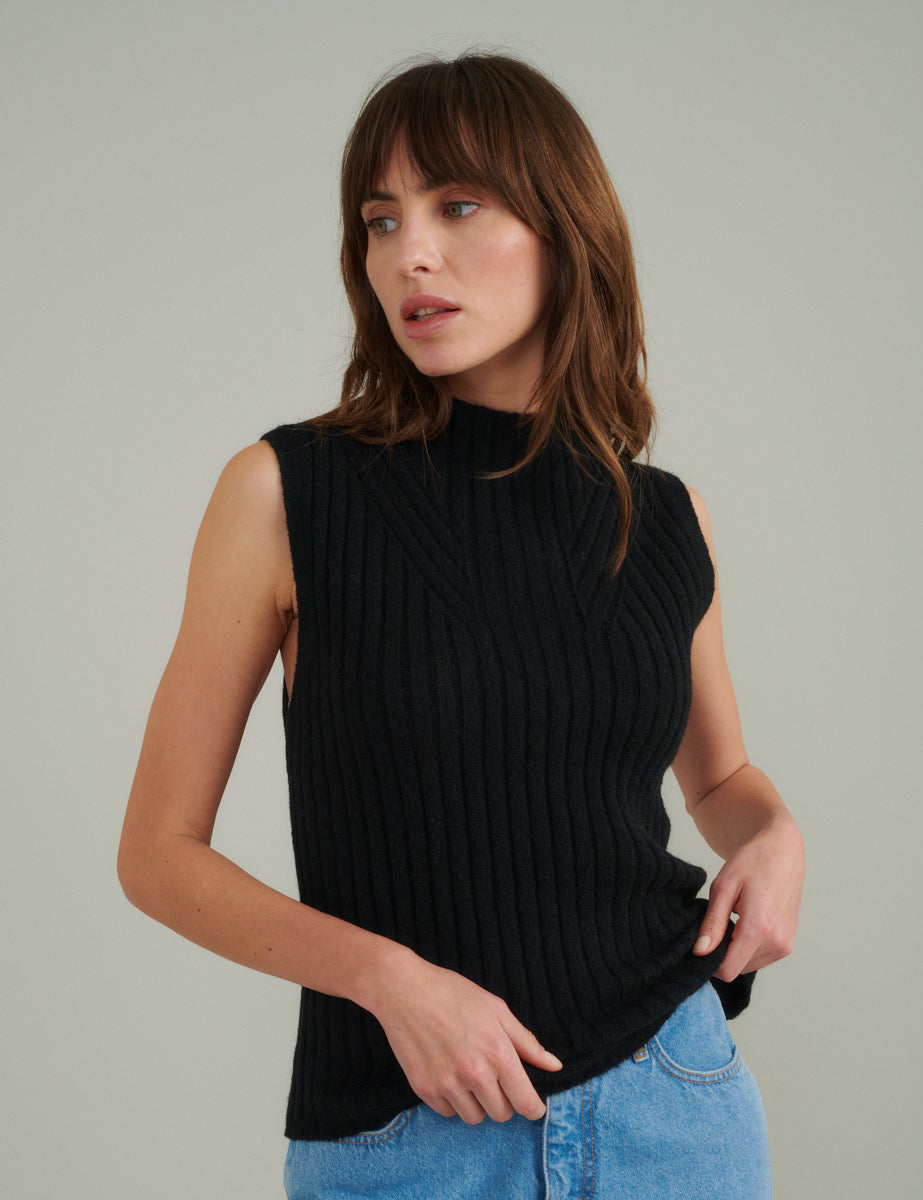 Black Funnel Neck Rib Wool Blend Knitted Vest